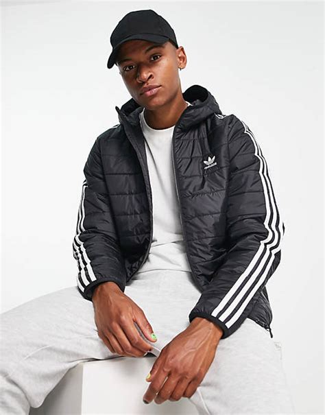 adidas originals 3 stripe padded jacket with hood in black|More.